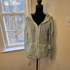 POL Womens M Blue Crochet Knit Hooded Cardigan Sweater Coral Stripe Accent